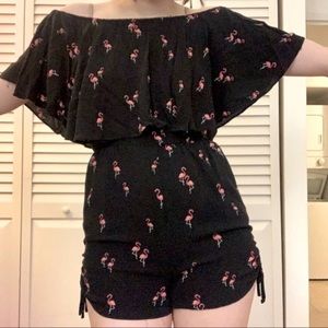 black short romper with flamingos!